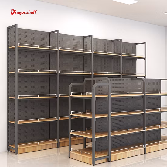 Dragonshelf Estantes de acero y madera personalizados, estantes de exhibición para supermercados, estanterías para tiendas, estantes para licores